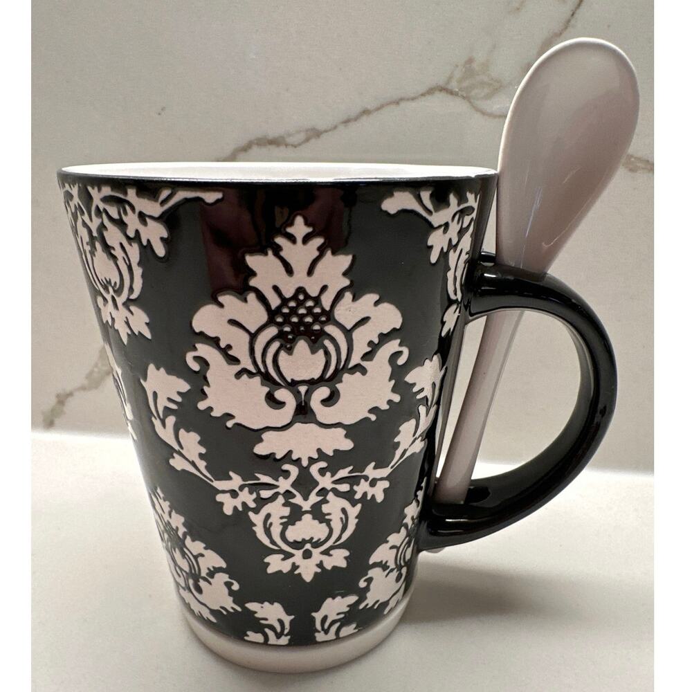 Pier 1 One Imports Black White Damask Coffee Mug With Spoon